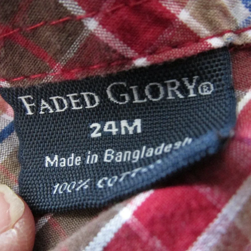 Faded Glory Button Front Shirt Boys Size 24M Red Brown‎ Plaid Long Sleeve Collar